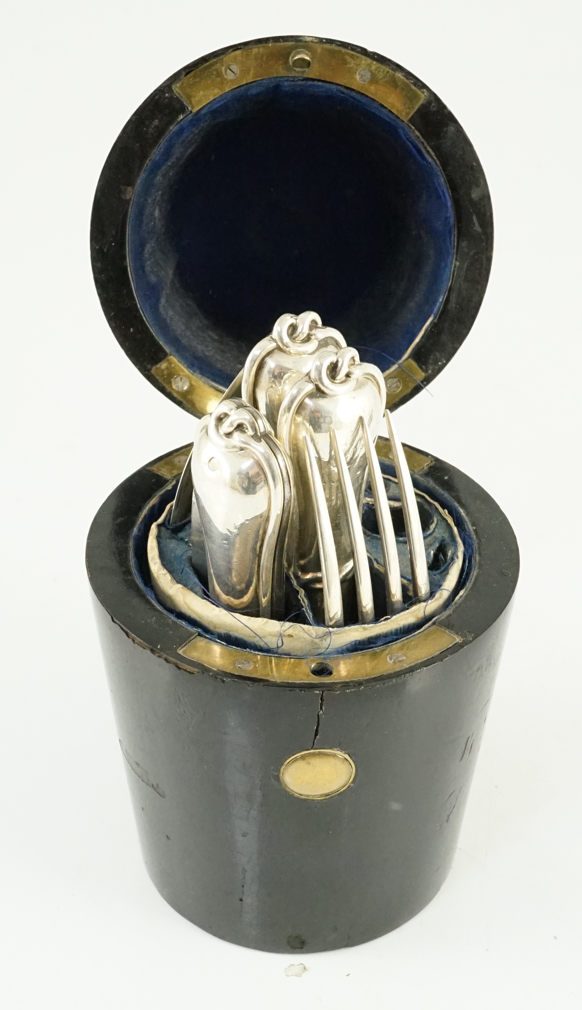 A 19th century French part silver campaign set, comprising a folding knife, fork and spoon, marks for Hippolyte Thomas, circa 1845-1855